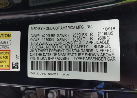 2019 Honda Accord Ex z USA, uszkodzony, nr VIN 1HGCV1F44KA002847